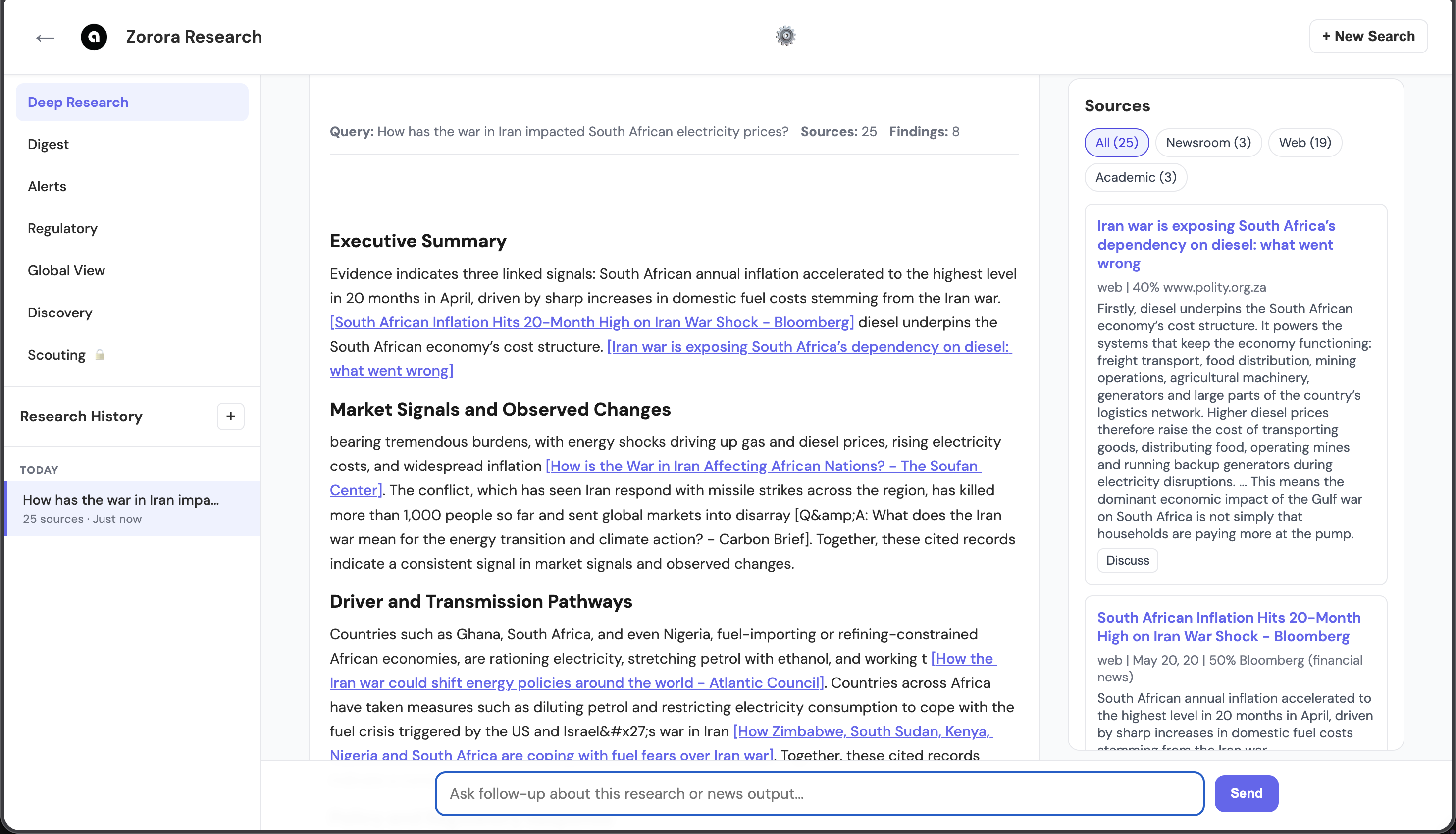 Zorora Deep Research: report with inline citations and a ranked Sources panel