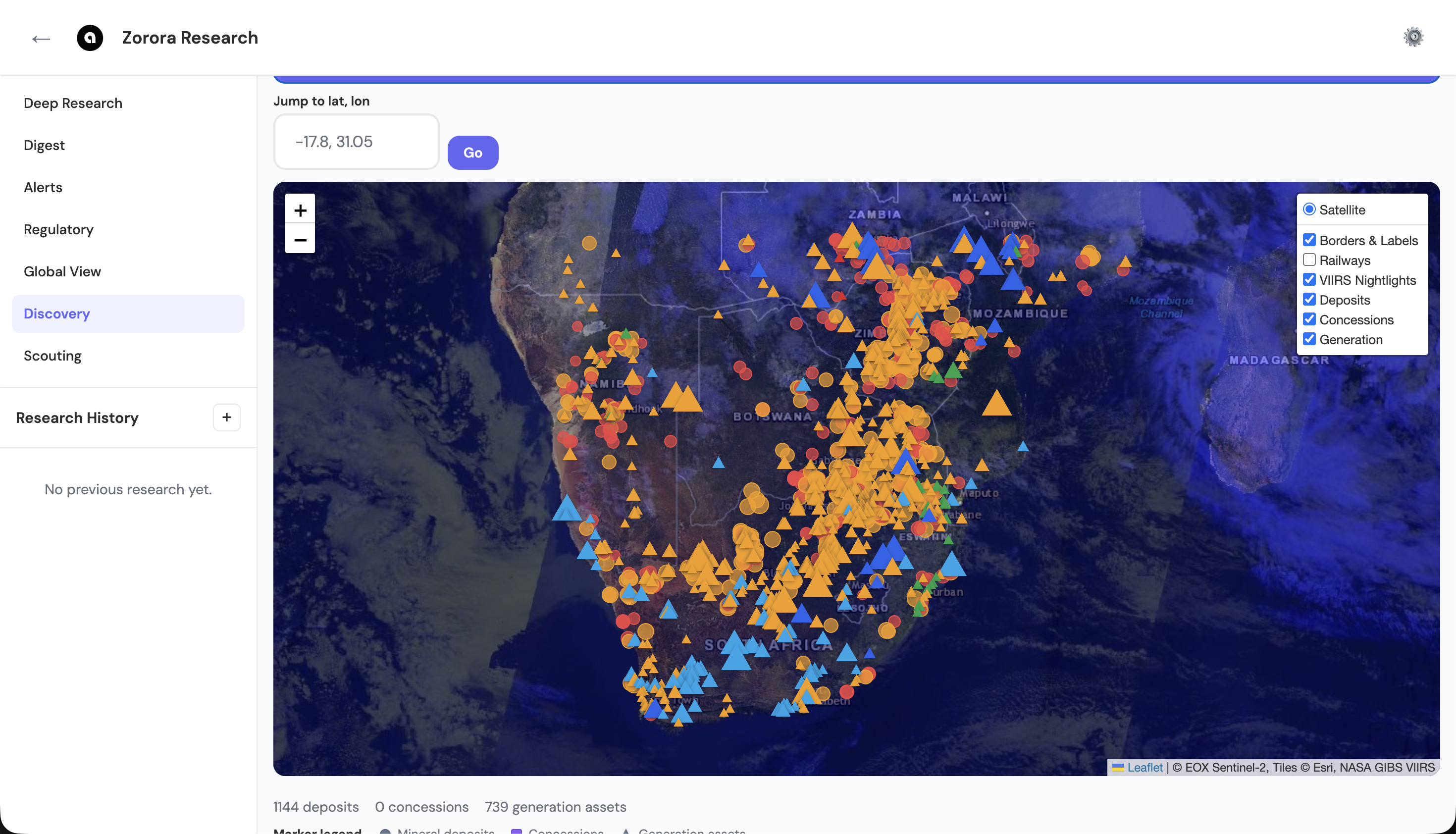 Zorora Discovery map showing deposits, generation assets, and concessions across Southern Africa