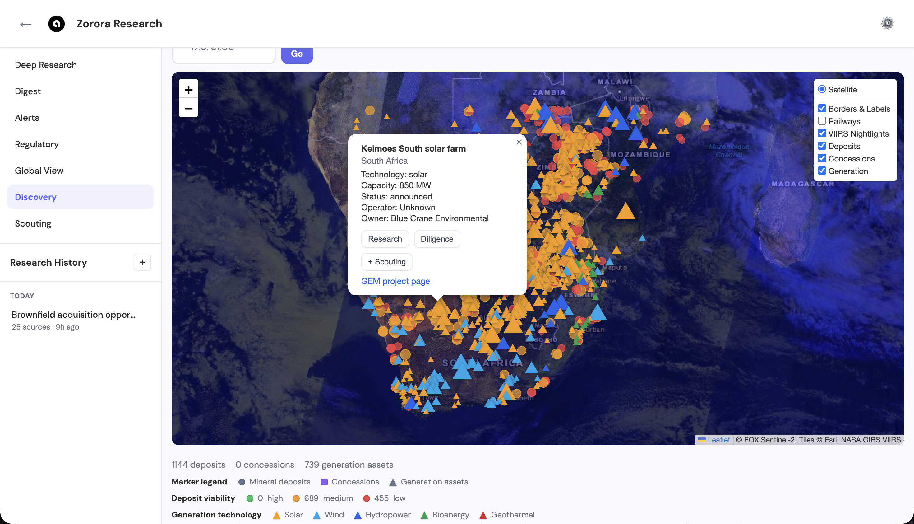 Zorora Discovery popup for Keimoes South solar farm showing technology, capacity, status, operator, and owner, with Research, Diligence, and +Scouting buttons and a GEM project page link